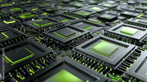 Gunmetal gray wafers glow electric green showcasing detailed processor layouts in a high-resolution laboratory environment.
