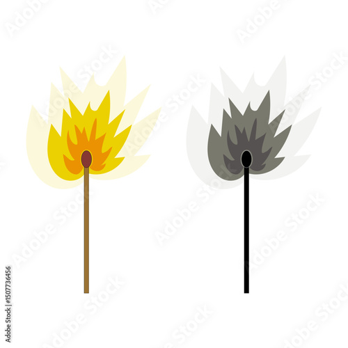 Burning match illustration. Yellow flame glow. Smoke burst effect. Vector symbol.