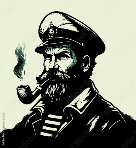 Vintage Sailor Smoking Pipe, Captain Portrait, Nautical Illustration