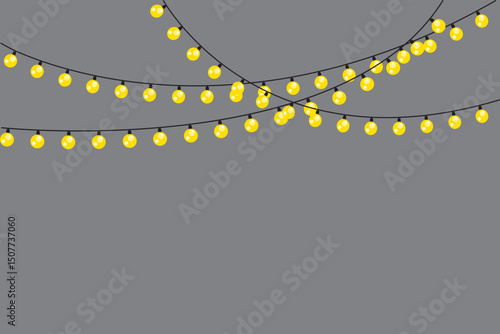 Yellow festive lights. Curved string bulbs. Bright hanging garland. Vector grey background.