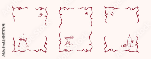 Hand drawn coquette frames. Vintage cute borders with ribbon and bow in simple crayon and whimsical style. Trendy art for bachelorette drink party and wedding invitations. Doodle vector illustration