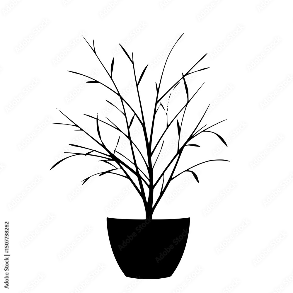 Fototapeta premium Potted Plant Silhouette: A simple black and white line art illustration of a potted plant, showcasing its elegant branches and minimalist design.