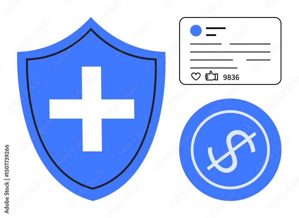 Obraz premium Blue shield with a medical cross denotes protection, a card represents social interaction, and a dollar symbol signifies finances. Ideal for health, security, social media, fintech, branding