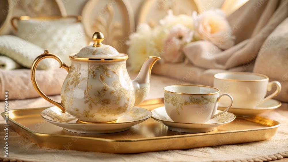 Fototapeta premium Elegant Tea Service on Gilded Tray with Delicate Floral Design