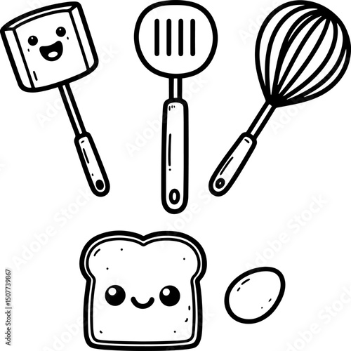 Smiling kitchen tools, all with happy faces, arranged playfully