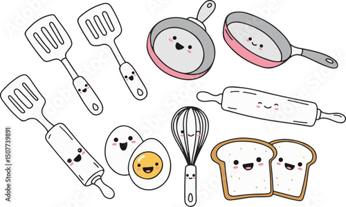 Smiling kitchen tools, all with happy faces, arranged playfully