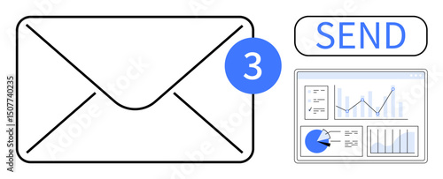 Envelope with notification badge, analytics dashboard, and send button. Ideal for communication, email, data, reports, business strategy, notifications simple landing page