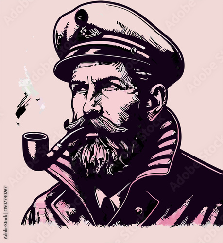 Vintage Sailor Captain Smoking Pipe Illustration