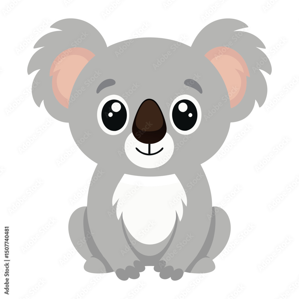 Fototapeta premium Cute cartoon koala sitting isolated on white background. Front view. Vector illustration.