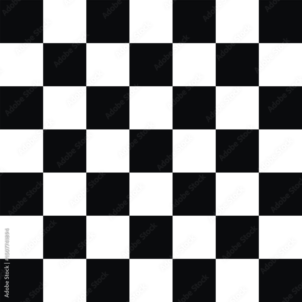 Fototapeta premium Minimalist black and white checkerboard pattern. Uniform squares, overhead view. Clean geometric design, no gradients or shading. Simple, symmetrical composition. Solid colors, flat lay perspective.