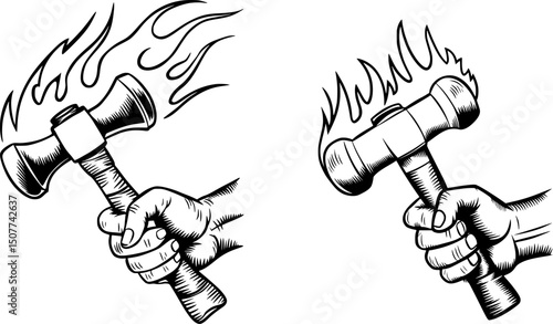illustration of a hand gripping a flaming hammer , Bold Black-and-White Vintage Style Illustration with Dynamic Flames and Detailed Linework