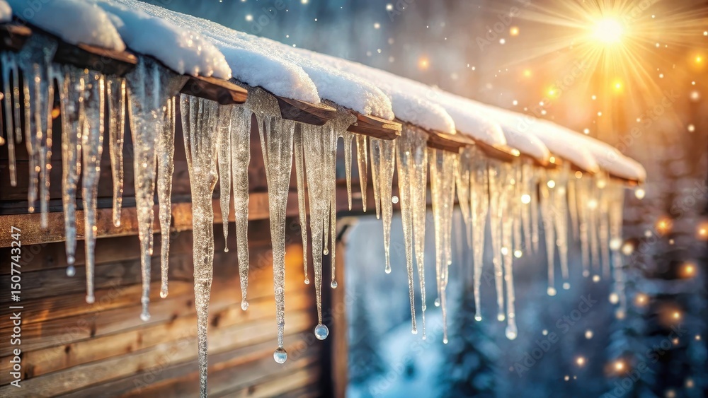 Winter's Sparkling Icicles Adorn a Rustic Wooden Structure, Glistening in the Golden Light of a Winter's Day Winter's Sparkling Icicles Adorn a Rustic Wooden Structure, Glistening in the Golden Light of a Winter's Day