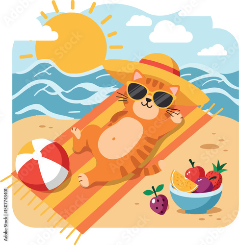 Relaxed cat sunbathing on beach towel with hat sunglasses and fruit bowl vector illustration 