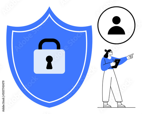 Blue shield with padlock, person analyzing on tablet, and user icon representing protection, privacy, technology safety. Ideal for security, privacy, technology, online protection cyber awareness