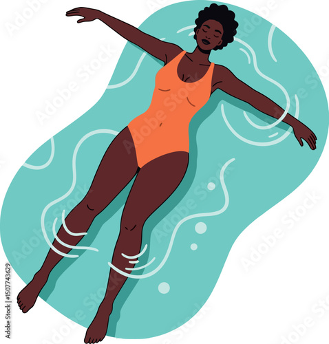 Woman floating on water in orange swimsuit relaxing during summer vector illustration 