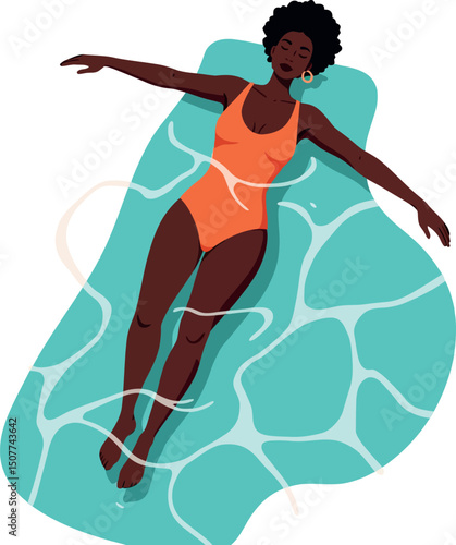 Woman with afro hairstyle relaxing in swimming pool floating on water surface vector illustration 