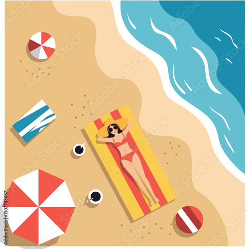 Woman sunbathing on beach towel with umbrella and beach balls near ocean vector illustration 