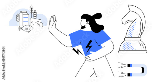 A woman rejecting options thumbs up unhealthy choices, symbolized by food, magnet, and chess pieces, highlighting decision-making, strategy, control, planning rejection focus balance. Ideal