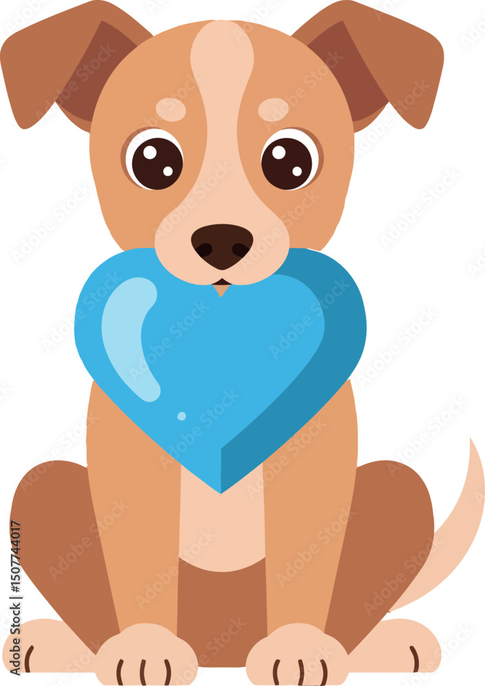Fototapeta premium Cute brown puppy holding blue heart shape symbol of love illustration vector