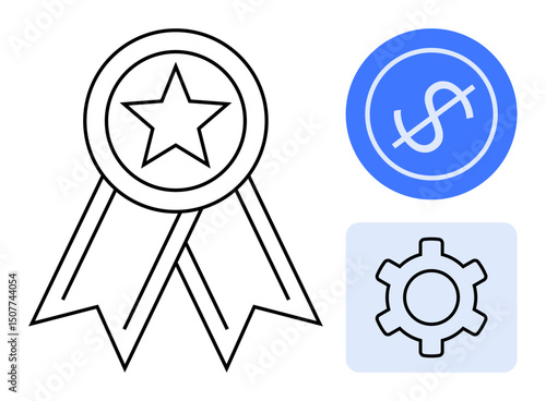 Award badge with star symbolizing excellence, blue dollar sign for finance, gear icon for process optimization. Ideal for success, reward programs, business growth, efficiency, planning, management