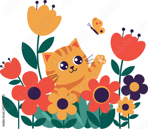 Cute orange cat playing with butterfly among colorful red and yellow flowers vector illustration 