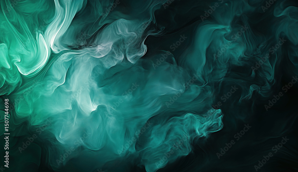 Fototapeta premium Abstract Fluid Art with Teal and White Swirls on Dark Background. Decorative design