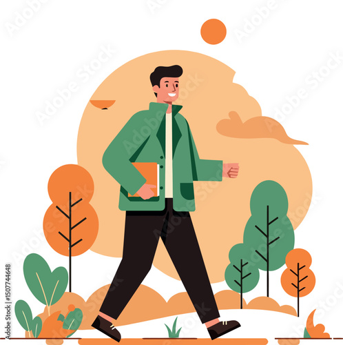 Man walking in autumn park with book casual outdoor leisure activity vector 