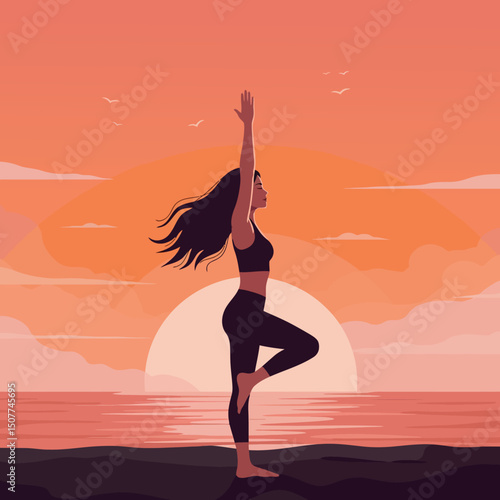 Woman practicing yoga in tree pose with sunset background vector illustration 