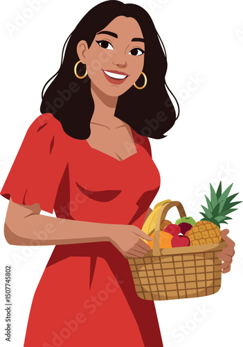 Woman in red dress holding basket with fresh fruits smiling happily vector illustration 