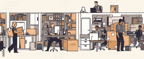 Office Relocation Chaos: A bustling office in the midst of relocation, with employees amidst box and desk creating sense of organized chaos.