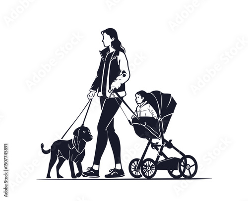 Family stroll: A mother enjoys quality time with her child and dog while strolling in nature's embrace, showcasing love, care, and the bonds of family life.