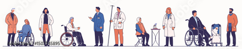 Medical Professionals and Patients: Illustrative depiction of a healthcare scene, featuring a diverse group of medical professionals and patients. This vector captures a spectrum of care and support.