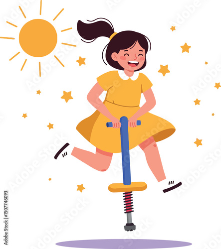 Girl jumping on pogo stick under bright sun with stars cheerful outdoor play 