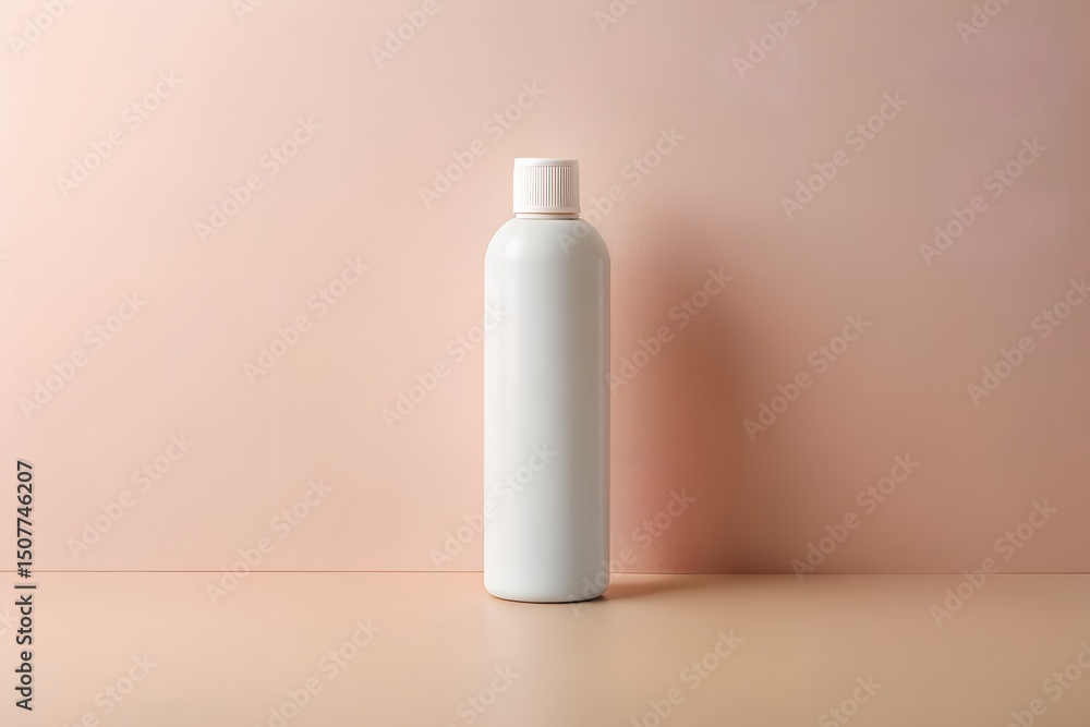 Light gray plastic bottle standing against soft pink background ideal for elegant minimalist product shot cosmetic branding or skincare design Light gray plastic bottle standing against soft pink background ideal for elegant minimalist product shot cosmetic branding or skincare design