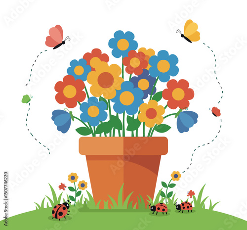 Colorful flower pot with butterflies and ladybugs spring garden vector illustration 