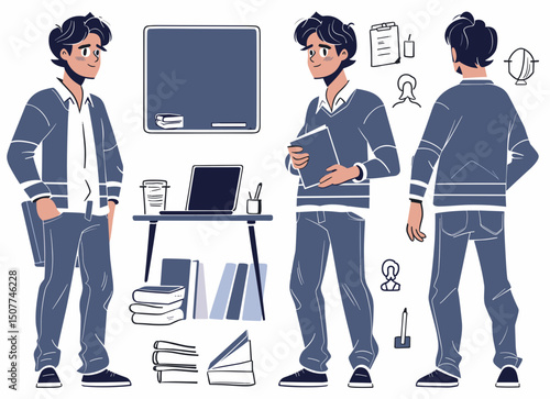 Study Setup: A studious illustration of a young man amidst study elements. The scene shows him holding a notebook, next to a laptop, and a variety of other study materials.
