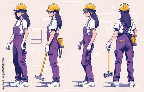 Construction worker illustrations: A series of illustrations showcasing a female construction worker in various poses, demonstrating dedication, strength, and expertise in her profession.