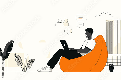 Remote Work Bliss: A man reclines in a cozy beanbag chair, engrossed in his laptop amidst a serene outdoor setting, embodying the ultimate work-from-anywhere lifestyle.