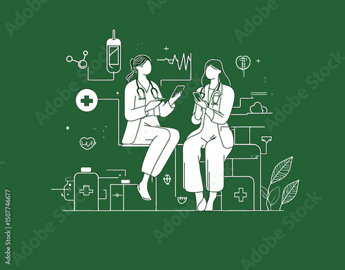 Medical Consultation: Two doctors in consultation, using a tablet, surrounded by medical icons.