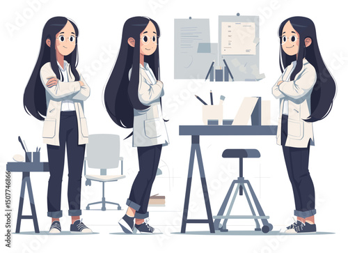 Smart and Professional Women in the Workplace: An illustration features three confident women in a creative office environment, dressed in white lab coats.