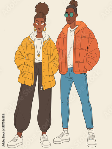 Style Duo: A stylish couple dressed in modern, trendsetting outfits, their pose and attire reflecting contemporary fashion.