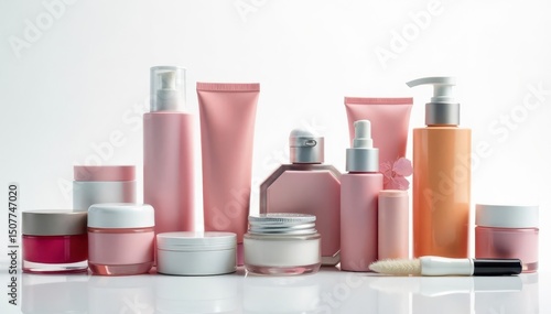 Assortment of cosmetic products against white backdrop, brushes, cosmetic set