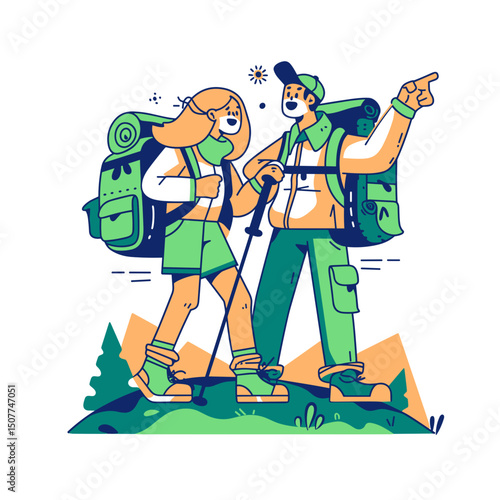 Hiking Couple Adventure: A stylish illustration of a young couple embarking on a hiking adventure, carrying backpacks and trekking poles, with mountains in the background.