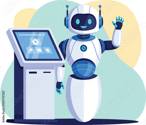 Friendly robot waving hand beside touchscreen kiosk technology illustration vector 