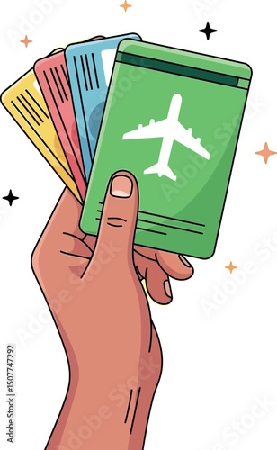 Hand Holding Multiple Colorful Airplane Boarding Passes for Travel and Vacation Planning Vector Illustration 