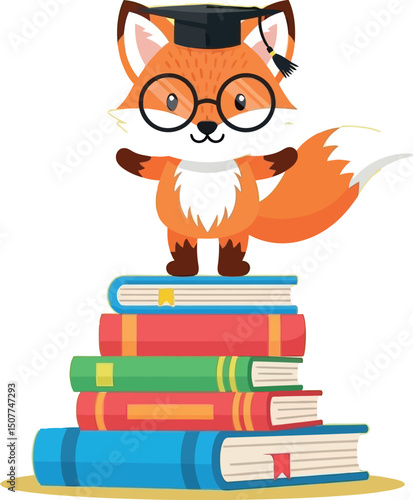Cute fox wearing graduation cap standing on colorful books stack vector illustration 
