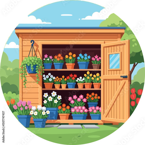 Garden shed with colorful flower pots and plants in sunny outdoor setting vector illustration 