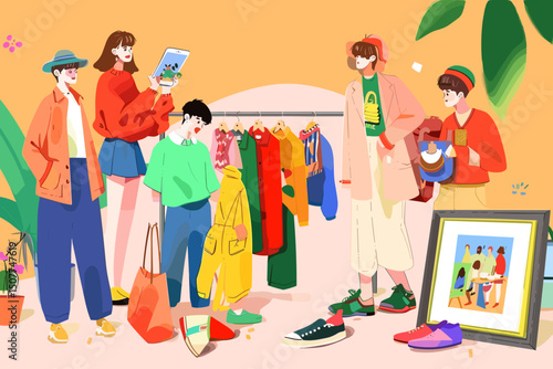 Shopping Spree Illustration: A group of stylish young adults browse a vibrant clothing rack and shoes, exuding youthful energy and excitement in a colorful illustration.