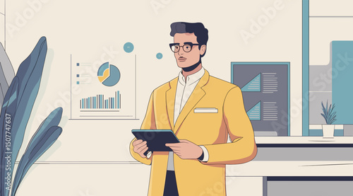 Business Professional in Office: A stylish professional in a sleek modern office environment, holding a tablet and overseeing essential data.