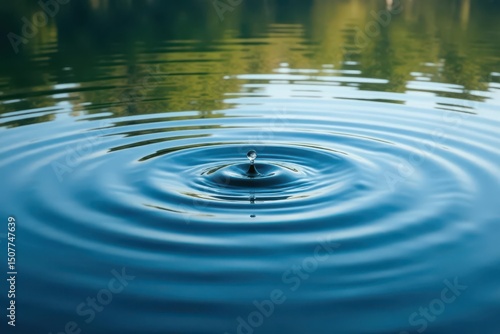 Symmetrical ripples spreading from a central point on a calm lake surface, landscape, aqua